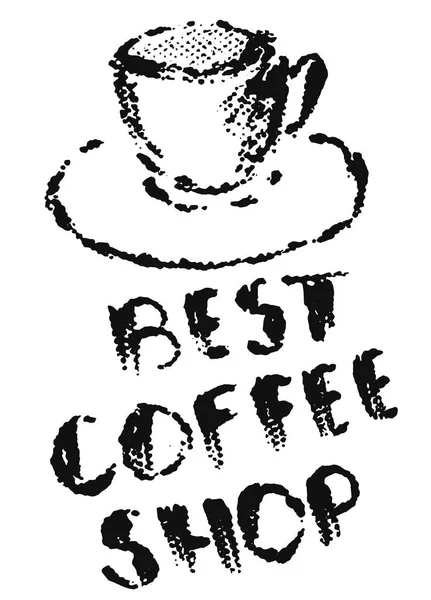 Taza de café y texto Mejor Cafetería en estilo grunge, estampados en medio tono negro sobre fondo blanco — Vector de stock