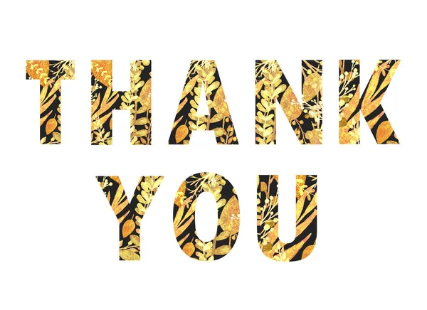 Merci, lettres noires aux feuilles dorées, fleurs et branches isolées sur fond blanc. Concept de Thanksgiving Day — Photo