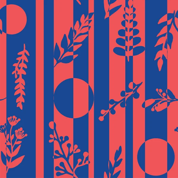 Nahtloses Muster mit abstrakten Streifen, Blumen, Pflanzen in roten und blauen Farben — Stockvektor