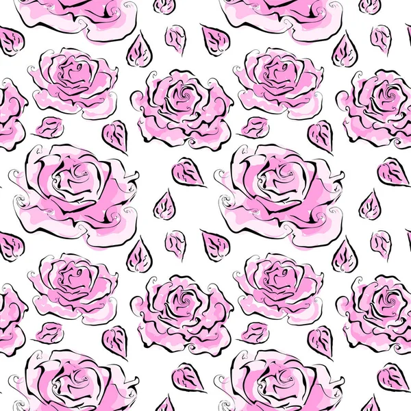 흰색 배경에서 아름 다운 핑크 장미와 완벽 한 패턴 — 스톡 벡터