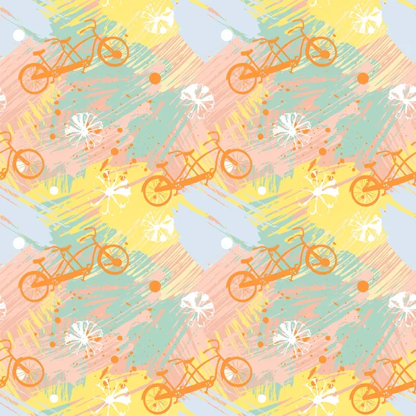 Nahtloses Muster mit niedlichen Fahrrädern auf abstrakten Aquarellflecken, Pinselstrichen freihändig — Stockvektor