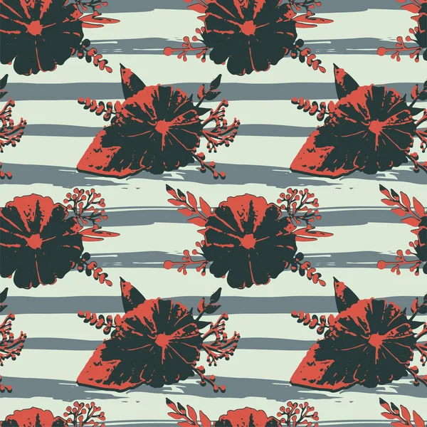 Nahtloses Muster mit abstrakten Aquarellblumen und Blättern auf Streifen in grundigem Stil — Stockvektor