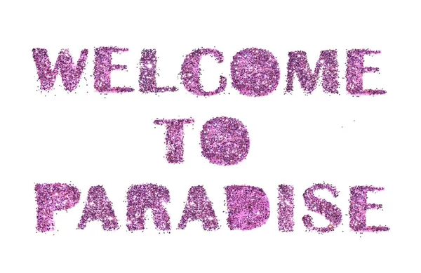 Benvenuti in Paradiso, lettere di brillantini viola isolate su sfondo bianco — Foto Stock