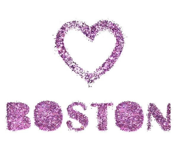 Love Boston, Herz und Stadtname lila Glitzern isoliert auf weißem Hintergrund — Stockfoto