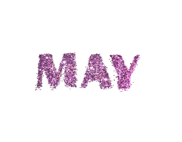 Mei, nama bulan musim semi glitter ungu terisolasi pada latar belakang putih — Stok Foto