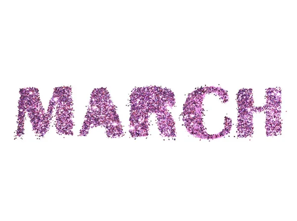 Март, название весеннего месяца фиолетового глиттера, выделенного на белом фоне — стоковое фото