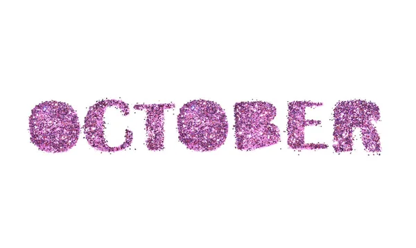 October, name of the autumn month of purple glitter isolated on white background — Stock Photo, Image