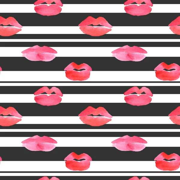Seamless pattern with horizontal black stripes and watercolor lips on white background — Stock Photo, Image