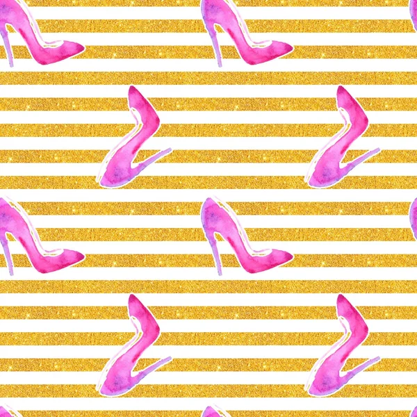 Seamless pattern with horizontal stripes of golden glitter and watercolor pink high heel shoes — Stock Photo, Image