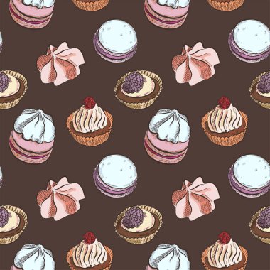 Kahverengi zemin, vektör çizim üzerinde farklı tatlı kek ile Seamless Modeli