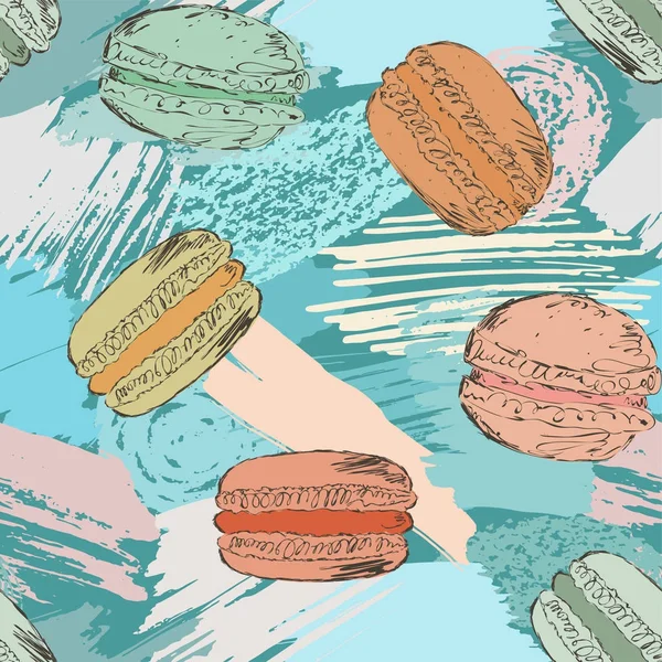 Motif sans couture avec macarons français dessert sucré sur éclaboussures aquarelle — Image vectorielle