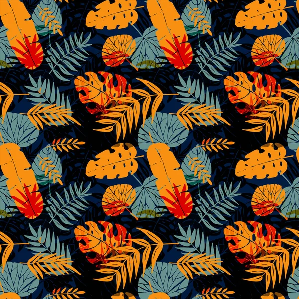 Seamless pattern with tropical leaves, vector illustration, bright background — Stock Vector