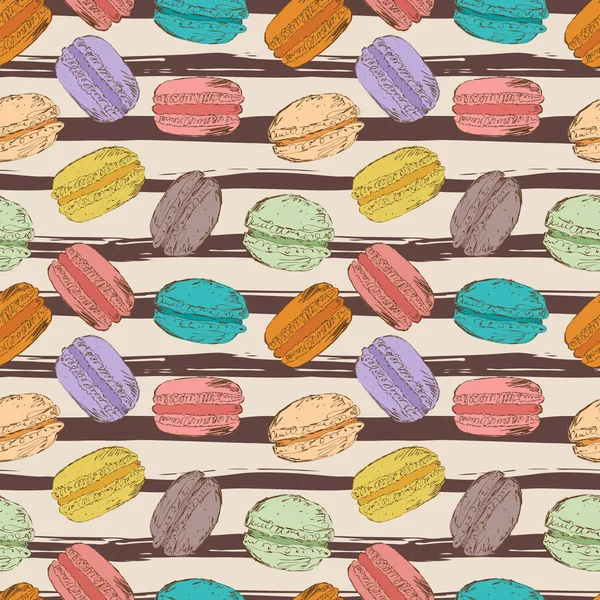 Seamless pattern with French sweet dessert macaroons on watercolor stripes — Stock Vector