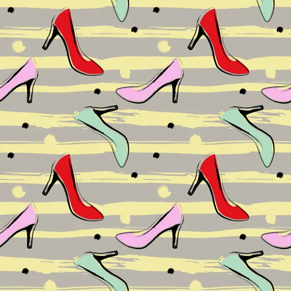 Seamless pattern with female high heel shoes on striped and dotted background — Stock Vector