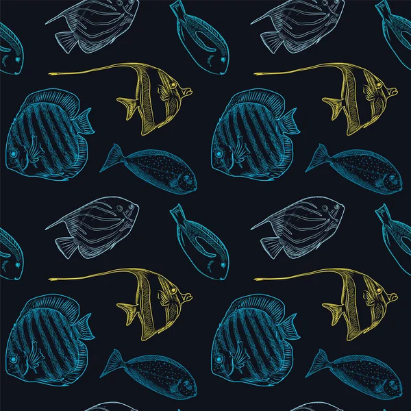 Nahtloses Muster mit verschiedenen blauen und gelben Fischen auf dunklem Hintergrund, Vektorillustration — Stockvektor