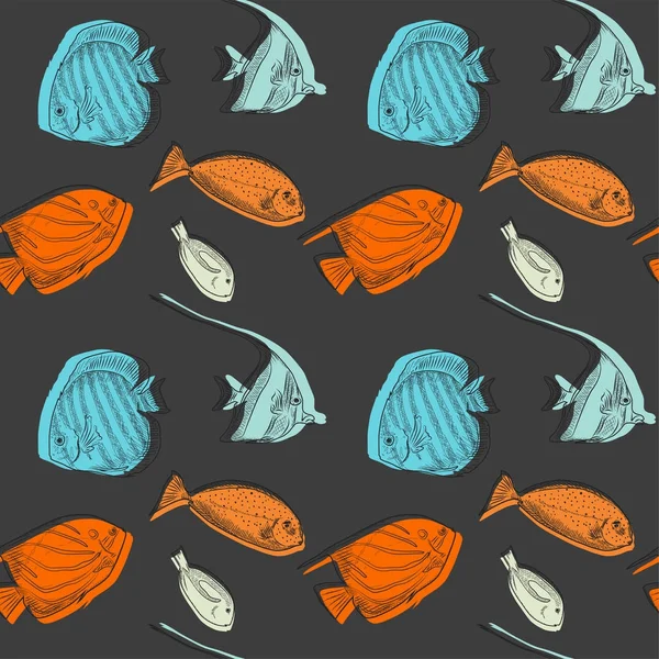 Seamless pattern with different fishes on dark background, vector illustration — Stock Vector