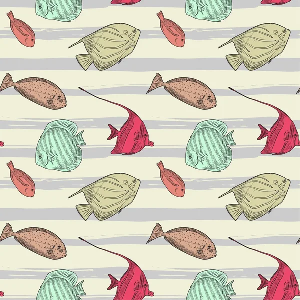 Modèle sans couture avec différents poissons sur fond rayé, illustration vectorielle — Image vectorielle