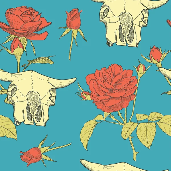 Hermoso patrón sin costuras con cráneo de cabeza dibujado a mano de rosas rojas y animales — Archivo Imágenes Vectoriales