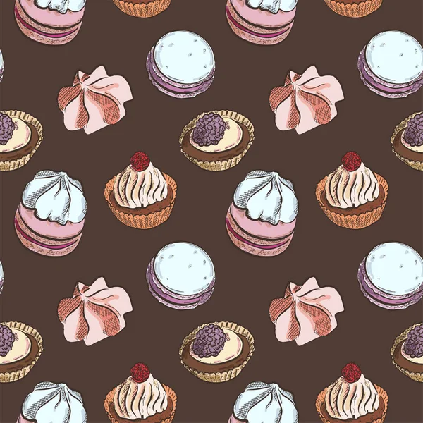 Seamless pattern with different sweet cakes on brown background, vector illustration — Stock Illustration Seamless pattern with different sweet cakes on brown background, vector illustration Stock Illustration
