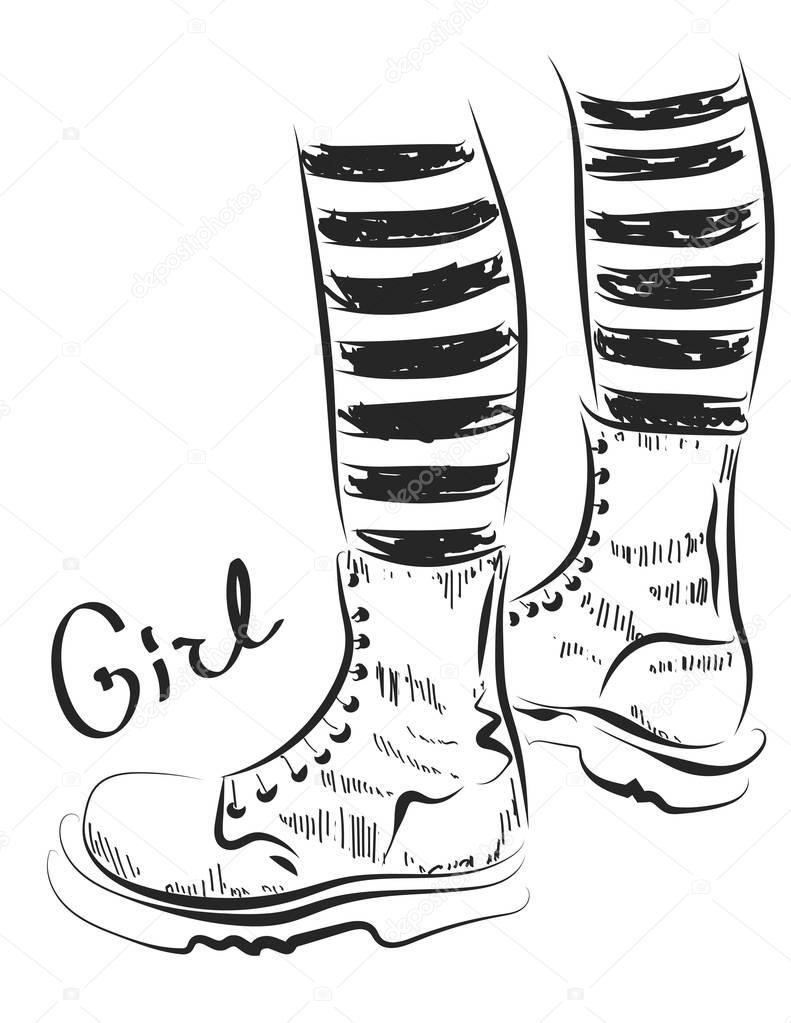 Legs of girl wearing striped tights and military boots, street style. Black sketch illustration on white background