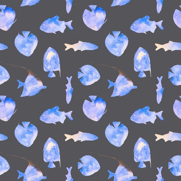 Seamless Pattern Cute Watercolor Fishes Blue Colors Black Background — Stock Photo, Image