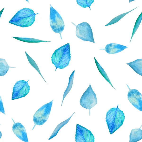 Seamless Pattern Watercolor Blue Leaves White Background — Stock Photo, Image