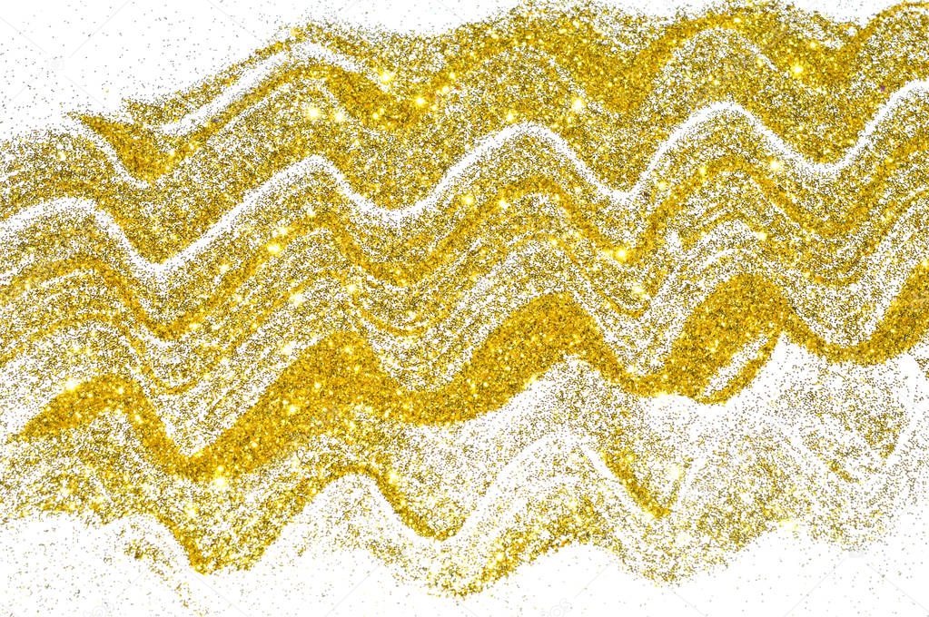 Abstract wavy laces of golden glitter sparkles on white background, decorative sequins for your design