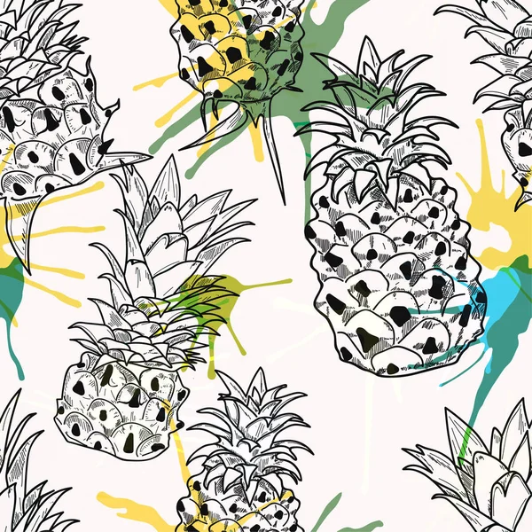 Schwarze Skizze Ananas Handgezeichnet Auf Weißem Hintergrund Mit Bunten Aquarellspritzern — Stockvektor