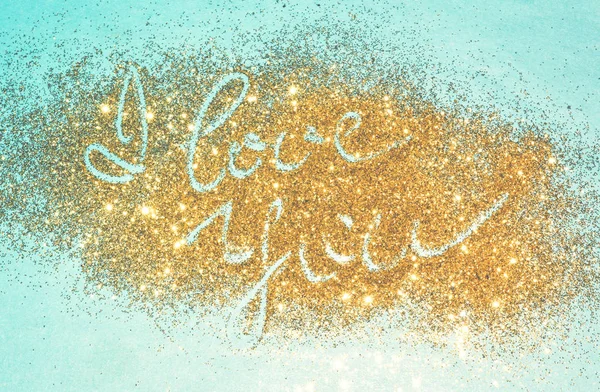 Text Jag Älskar Dig Gyllene Glitter Gnistrar Blå Bakgrund — Stockfoto