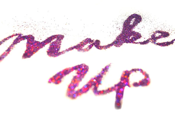 Make Słowa Fioletowy Glitter Sparkle Białym Tle Bokeh Świateł — Zdjęcie stockowe