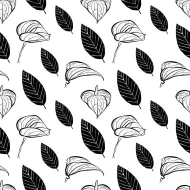 Calla Lily ve yaprakları siyah ve beyaz renklerde çiçekler ile Seamless Modeli