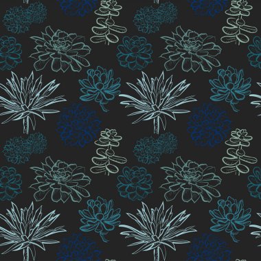 Koyu arka plan üzerinde mavi succulents ile Seamless Modeli
