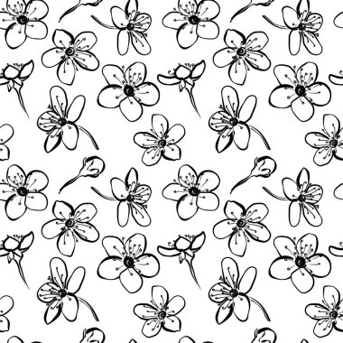 Siyah ve beyaz renklerde küçük çiçekleri kiraz çiçeği ile Seamless Modeli