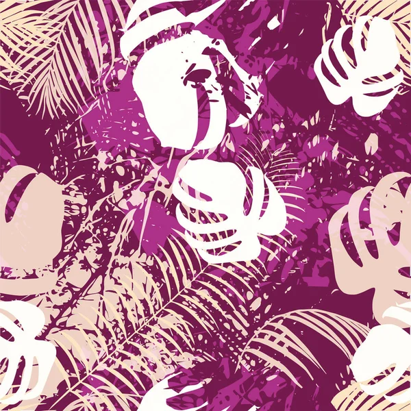 Nahtloses Muster Grunge Stil Mit Tropischen Blättern Modernen Violetten Farben — Stockvektor
