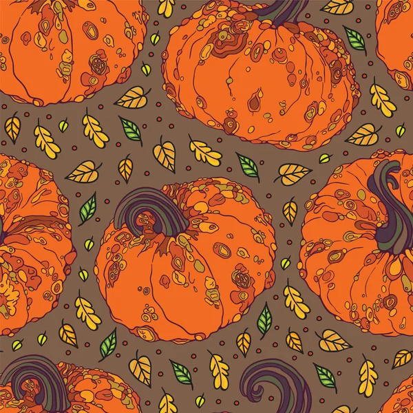 Pumpkins And Leaves Autumn Seamless Pattern — Stock Vector
