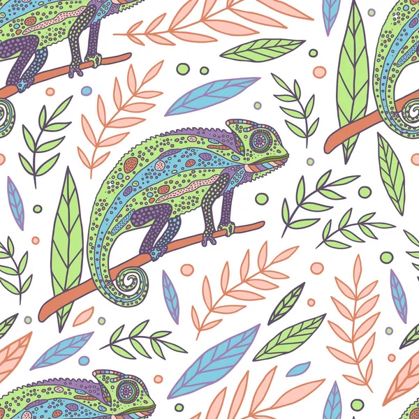 Modèle sans couture caméléon et feuilles vectorielles — Image vectorielle