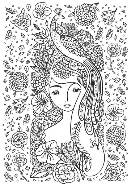 鳥と花を持つ美しい少女 — ストックベクタ