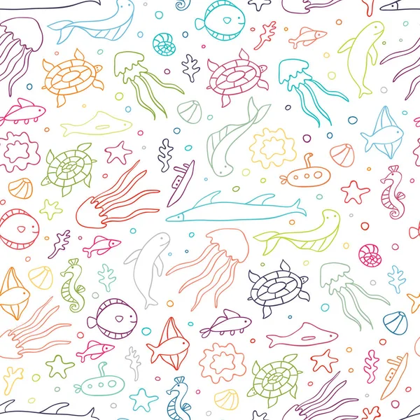 Doodle a víz alatti világ Seamless Pattern — Stock Vector