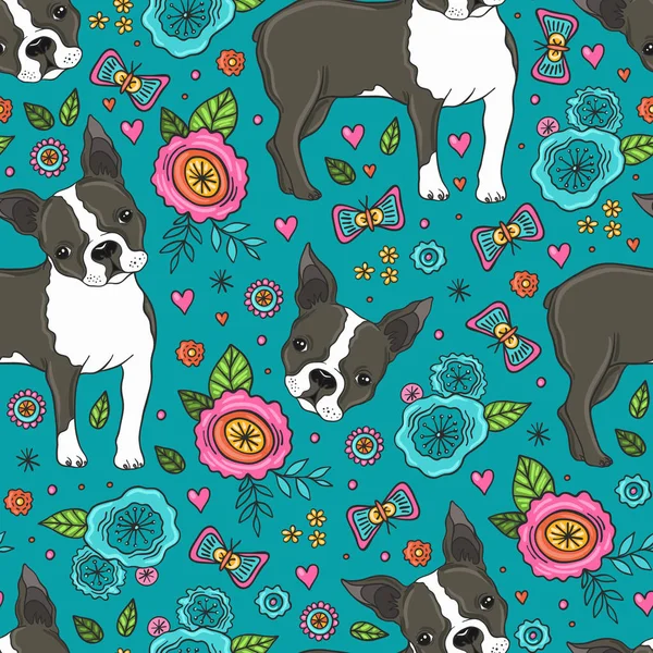 Boston Terrier And Flowers Seamless Pattern — Stock Vector