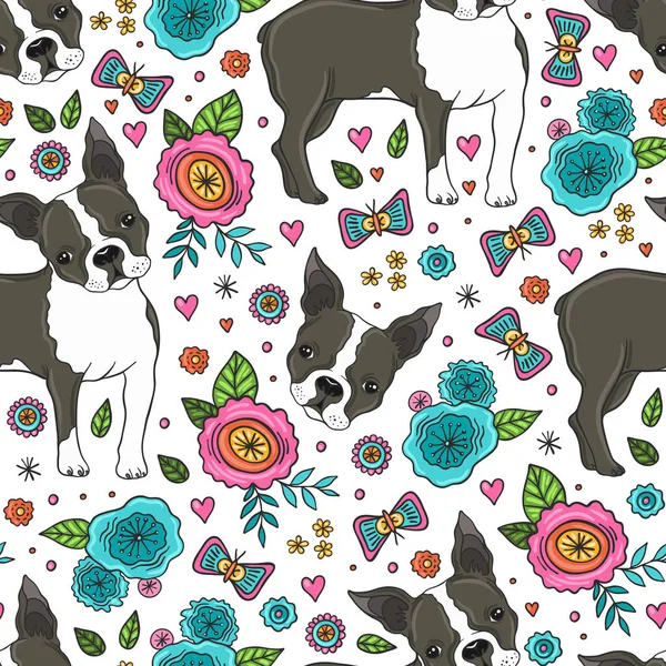 Boston Terrier ve çiçekler Seamless Modeli