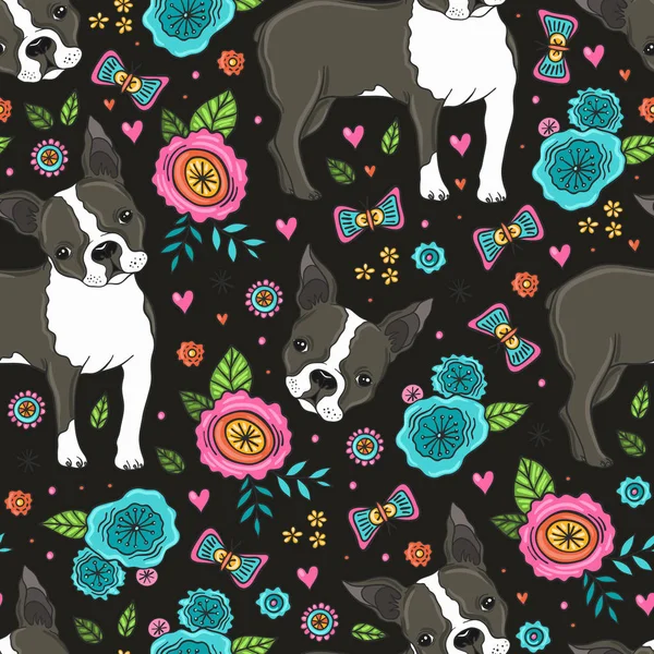Boston Terrier ve çiçekler Seamless Modeli