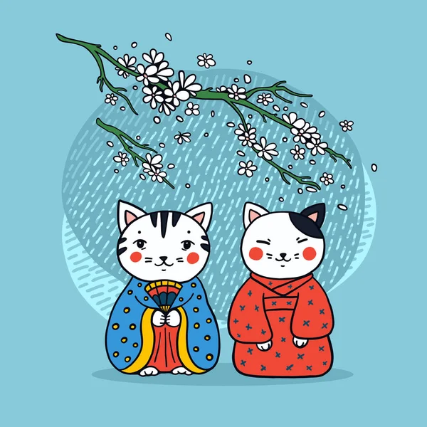 Katzen in Kimono unter blühender Sakura — Stockvektor