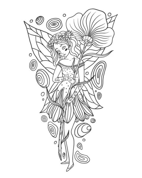 Fairy And Flower Outline Illustration — Stock Vector