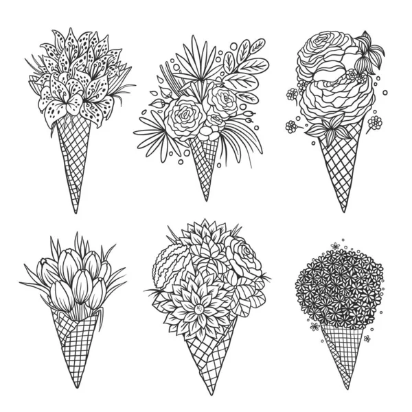 Flor helado cono contorno colección — Vector de stock