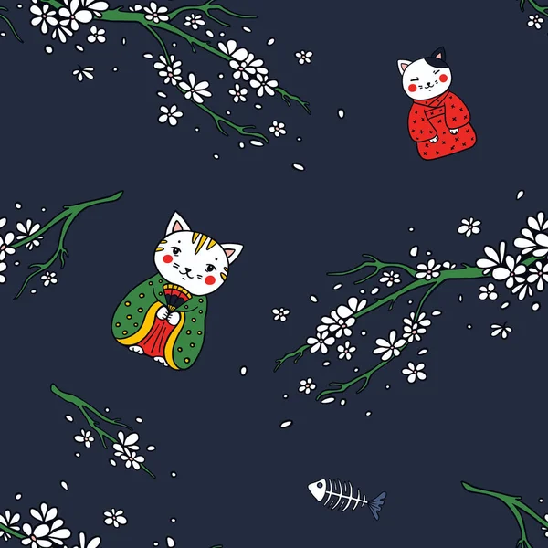 Kimono Cats And Sakura Seamless Pattern — Stock Vector