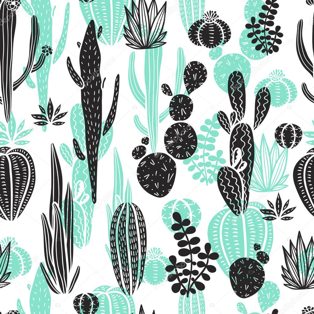 Beautiful Cactuses Abstract Natural Seamless Pattern