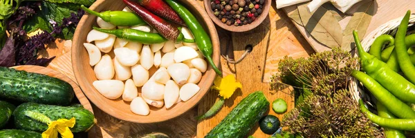 Um conjunto para enlatamento em casa. Pepinos em conserva. Ervas aromáticas e especiarias . — Fotografia de Stock