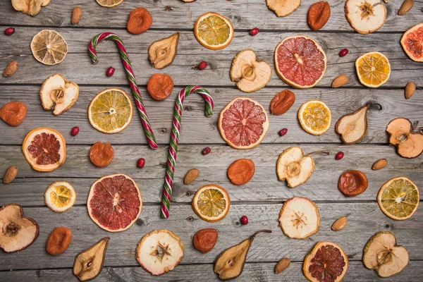 New Year Composition Dried Fruits Wooden Table Christmas Background Flat — Stock Photo, Image