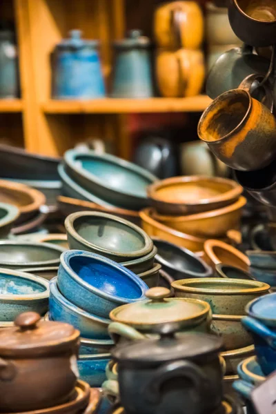 Handmade dishes made of clay. Pottery. Germany