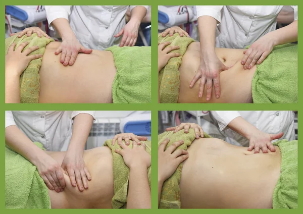 Hand massage of the abdomen. Body care. Non surgical body sculpting. Anti-cellulite and anti-fat therapy in beauty salon.